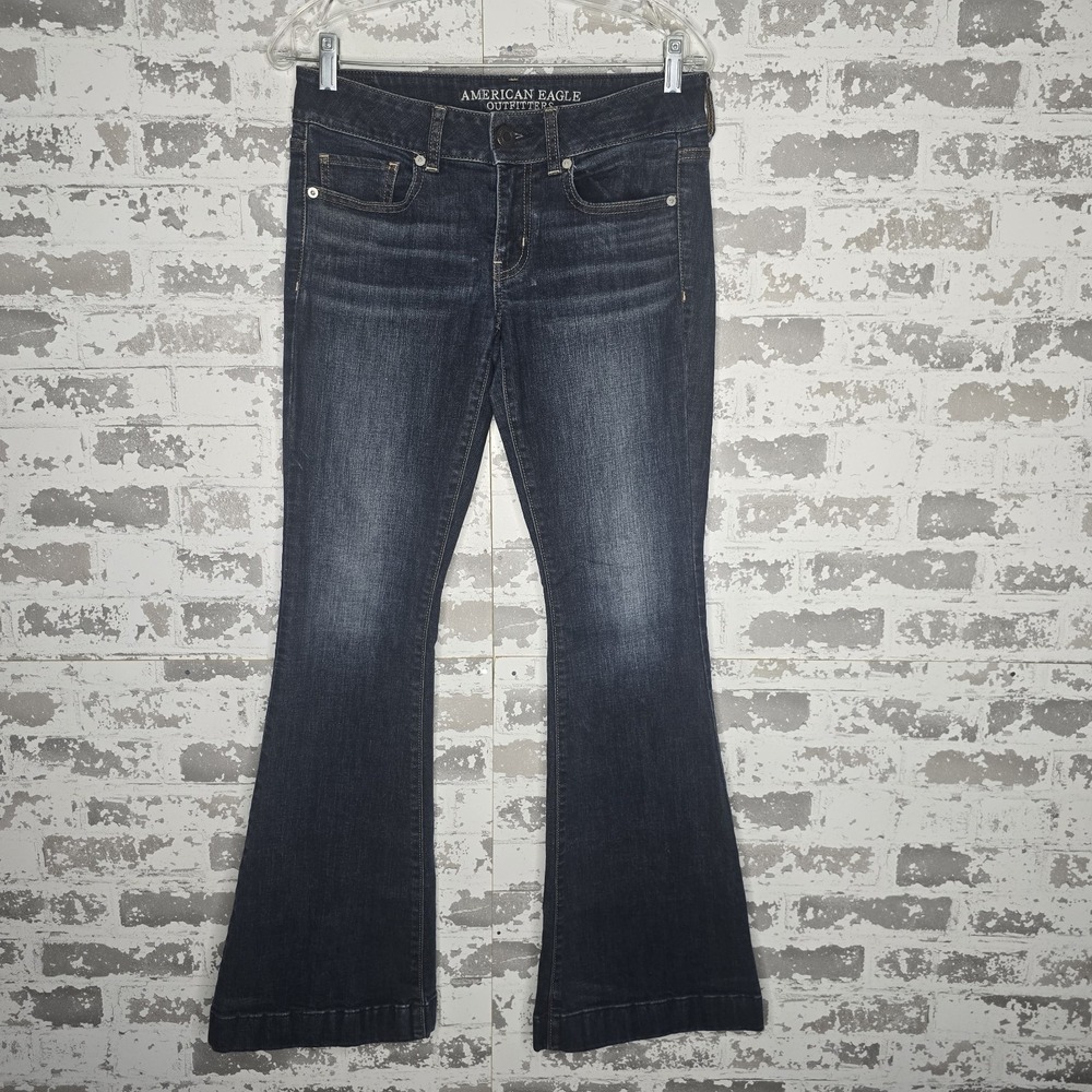American Eagle Jeans‎ Womens 6 Flare Leg Boho Dark Blue Whiskered Wash Low Rise